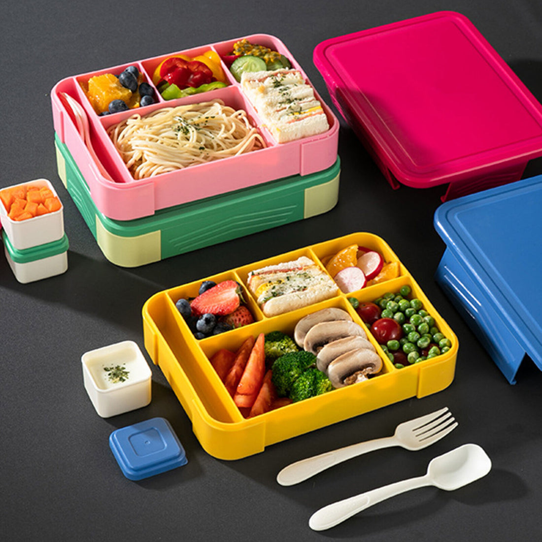 Little Angel - Kids Lunch Box 7 Compartment With Cutlery & Bowl - 1330ml - Green, Blue, Pink