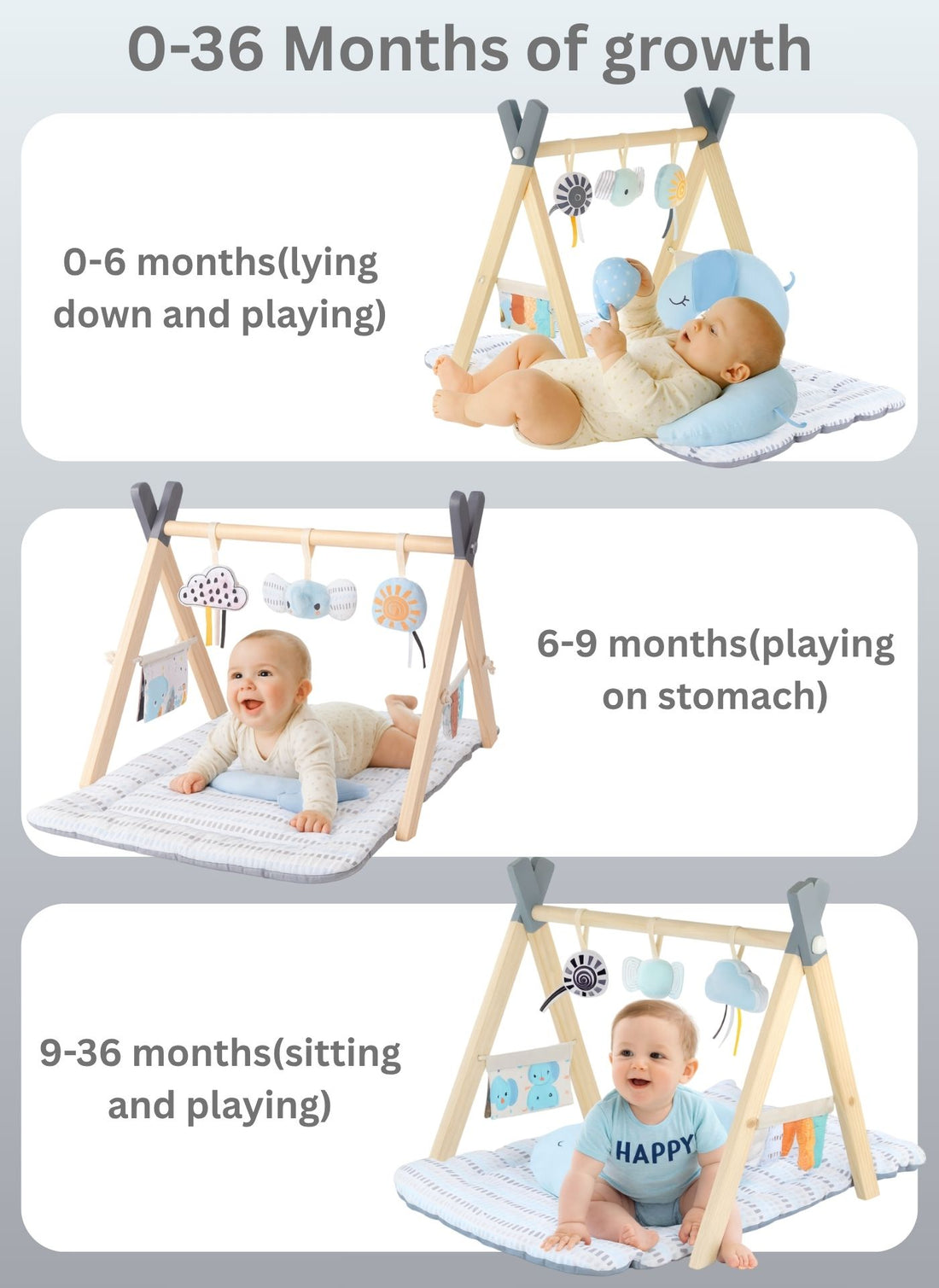 Konig Kids - Baby Wooden Play Gym with Mat, Pillow & Hanging Toys