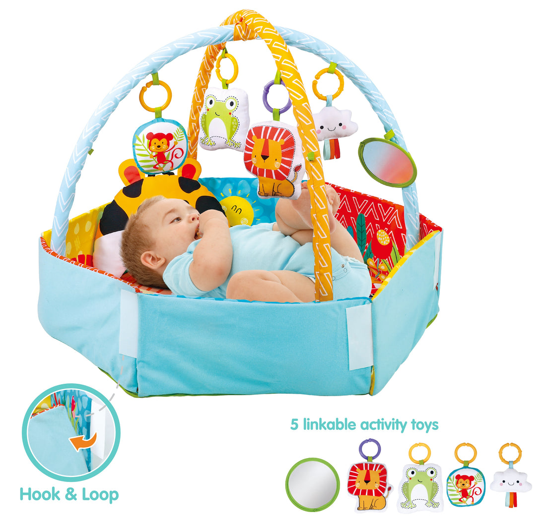 Konig Kids - Baby Play Gym with Side Walls, Pillow & 5 Activity Toys