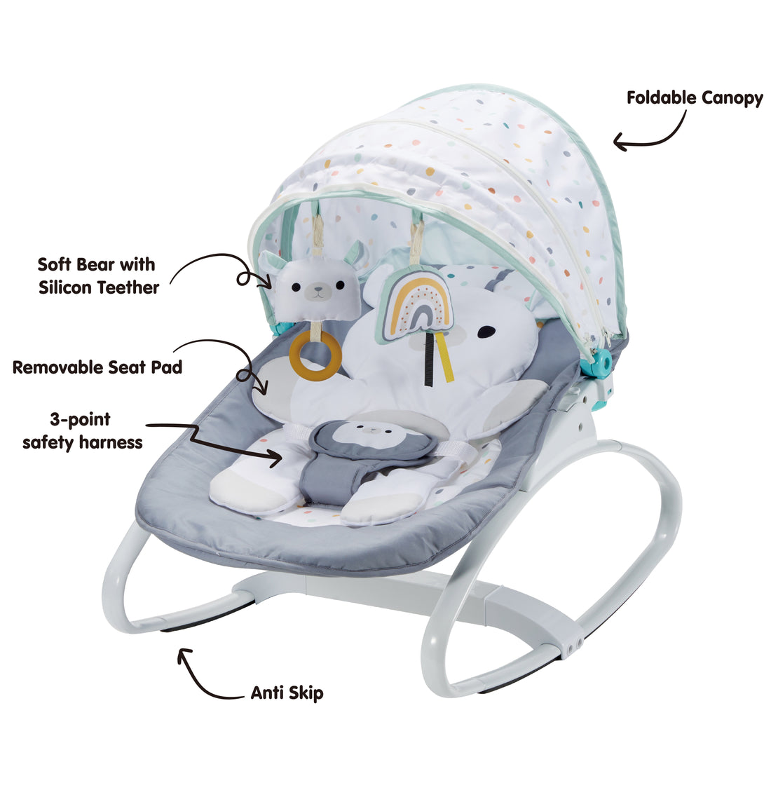 Konig Kids - Baby Rocker Bouncer with Canopy, Toys & Soft Padding