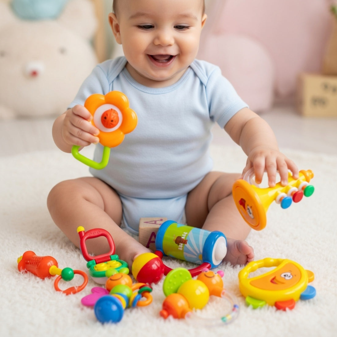 Goodway - Baby Rattle Toy 10 Pc Gift Set With Storage Box - Blue/Pink