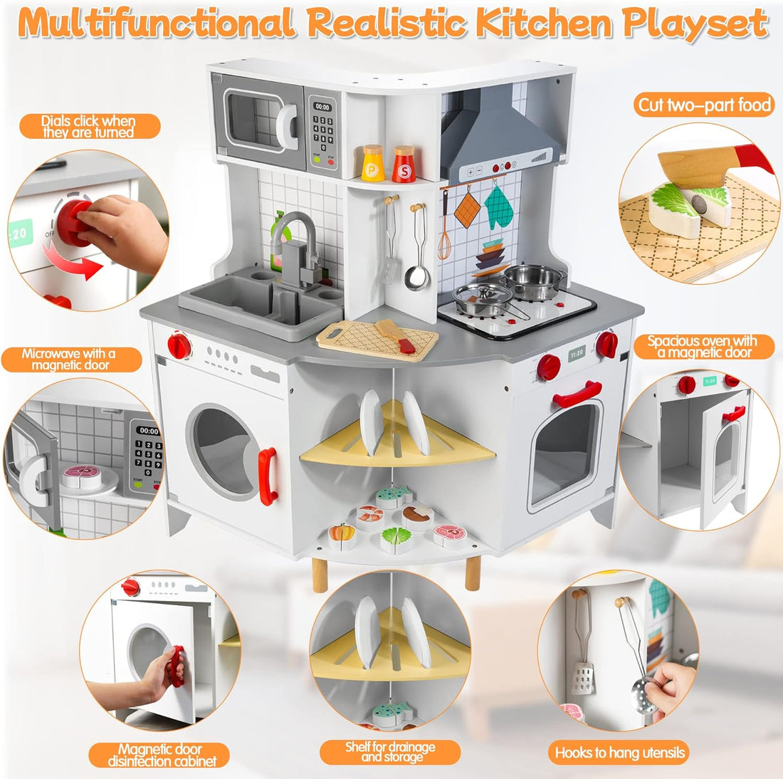 Luxury Kids Wooden Play Kitchen Set Pretend Cooking for Toddlers with Accessories Large Toy with Oven & Sink Storage Corner for Boys & Girls