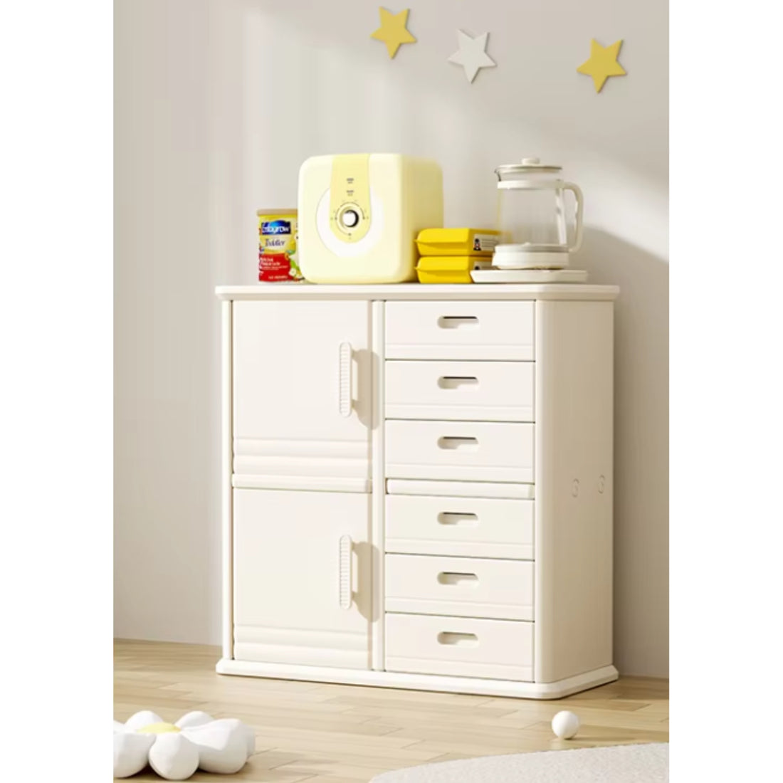 Baby Storage Rack Nursery Organizer Cabinet with Drawers and Shelves - Beige