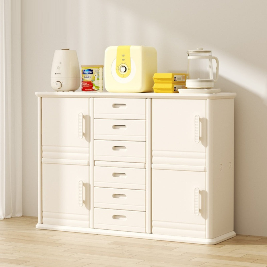 Baby Storage Rack Nursery Organizer Cabinet with Drawers and Large Shelves - Beige