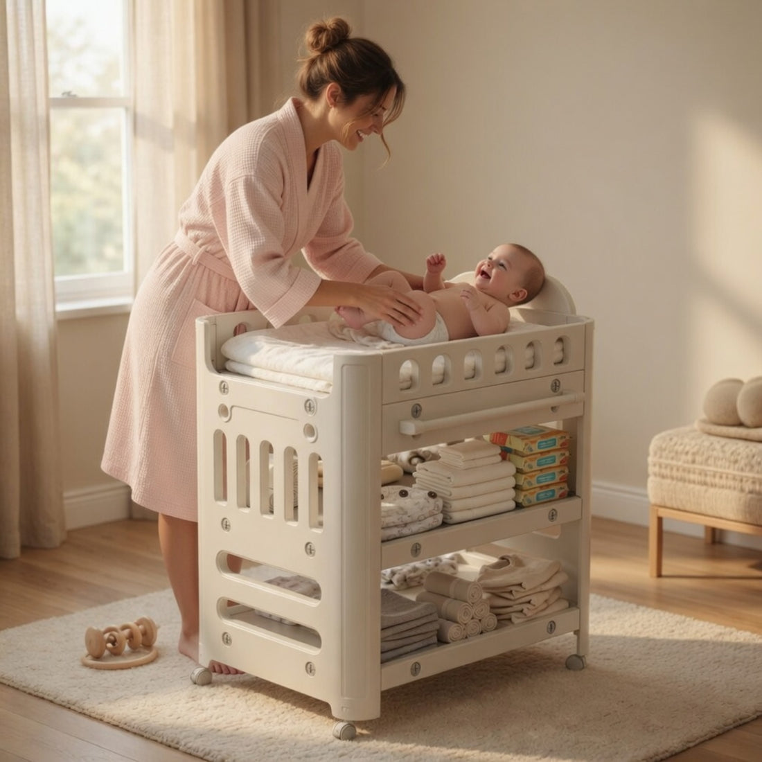 Little Angel Baby Diaper Changing Table With Wheels - Coffee