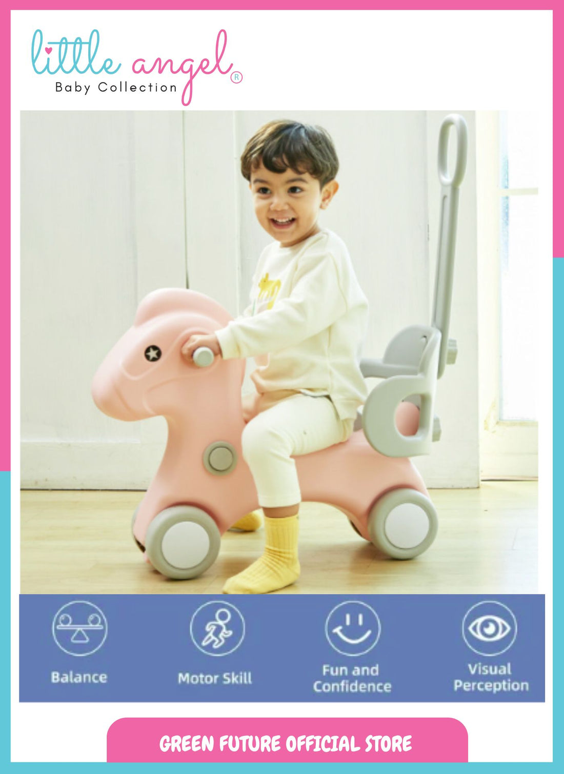 Little Angel Kids Rocking Horse Ride-On Toy 2-in-1 with Wheels, Detachable Backrest, Safe Sturdy Design for Toddlers, Perfect for Indoor Play - Pink