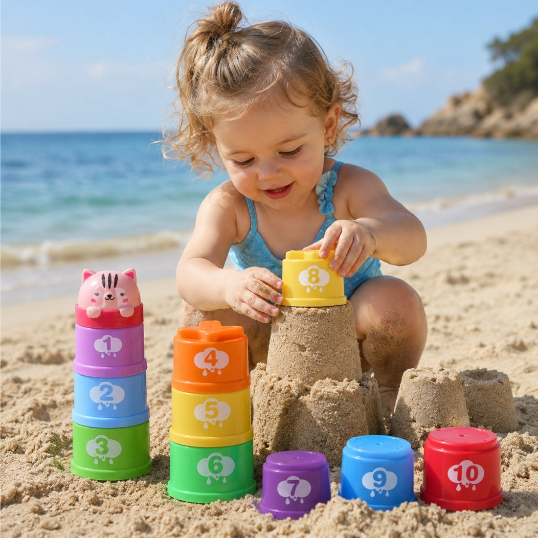 Goodway - Baby Stacking Cups Toy With Numbers & Shapes Cat Top