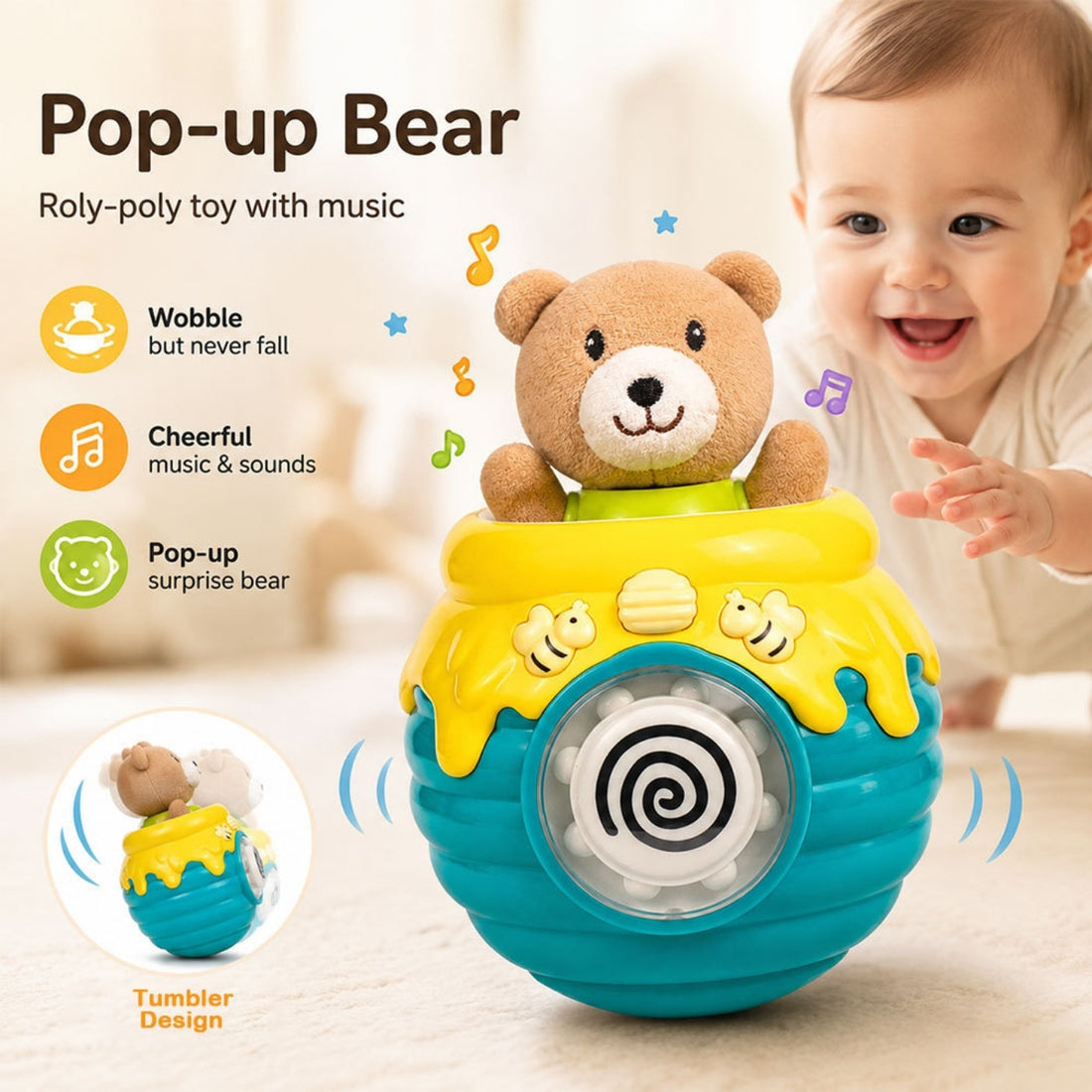 Goodway - Bear Honey Pot Roly-Poly Baby Rattle Toy - Blue