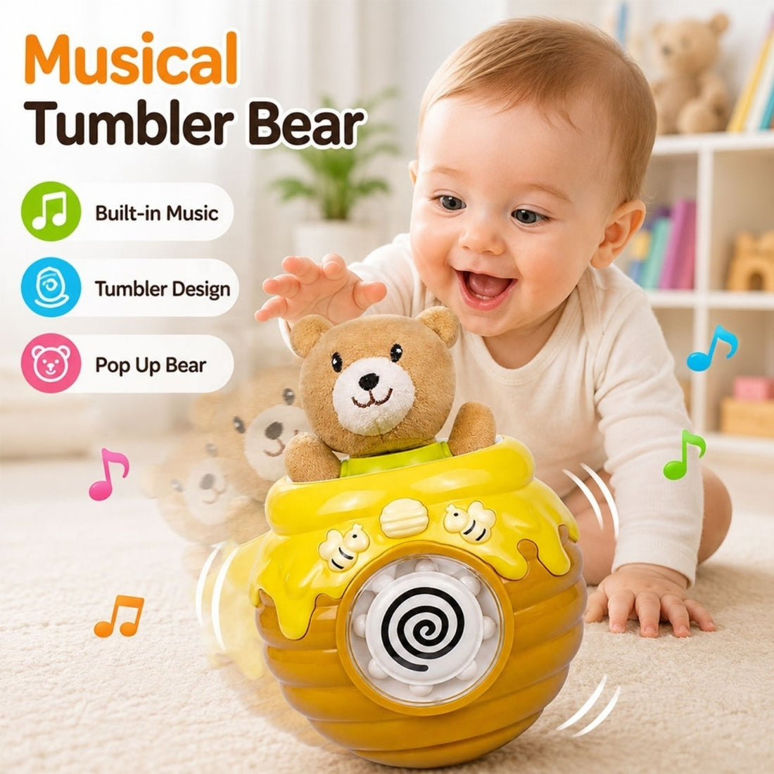 Goodway - Bear Honey Pot Roly-Poly Baby Rattle Toy - Brown