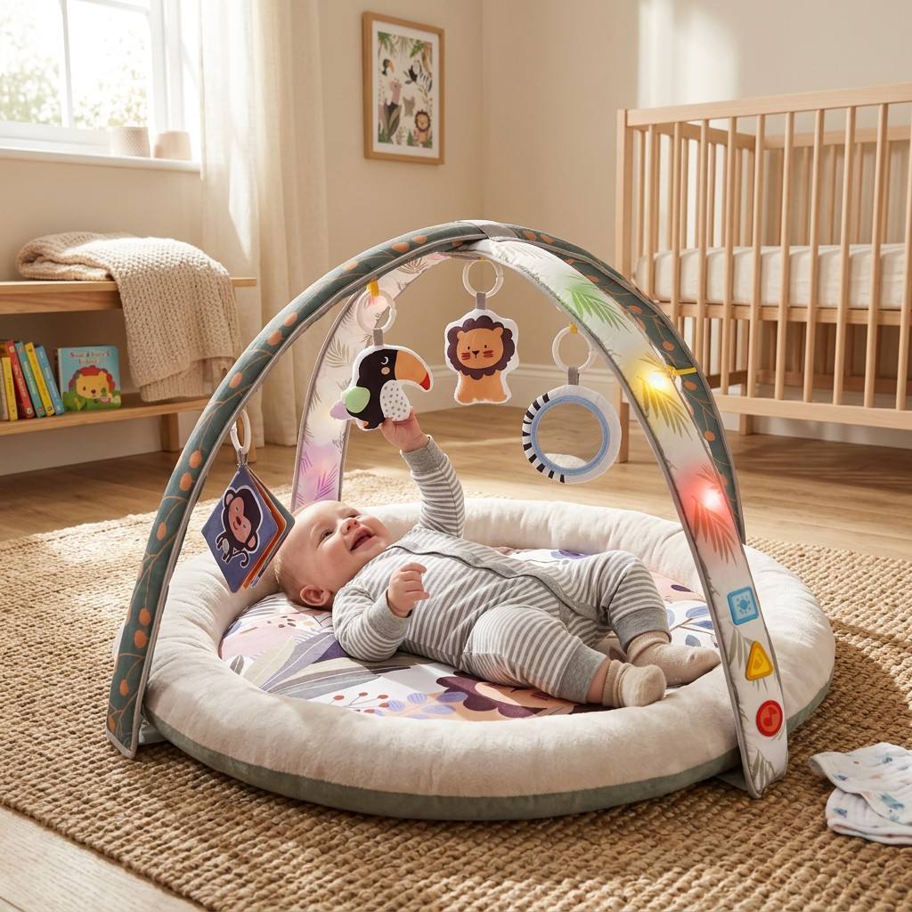Little Angel Baby Play Mat Activity Gym with Light and Music, Soft Foam Padding, and Hanging Toys - Jungle Design