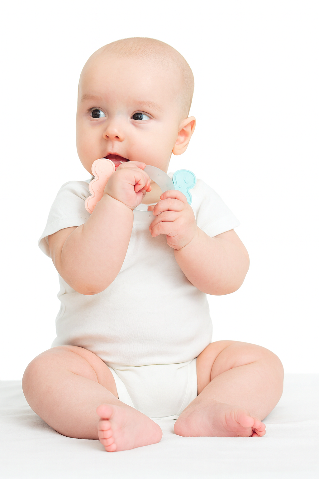 Baby Silicone Teether, Dual Color Soft Teething Toy for 3+ Month Old Babies, BPA Free, Safe and Sensory Play Aid