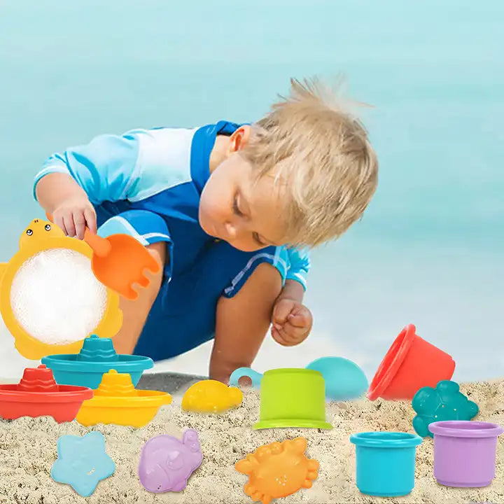 Baby Bath Toy Set with Floating Animals, Boats, Water Cups & Scoops – 16 Pieces for Toddlers Play, Fun Bath Time