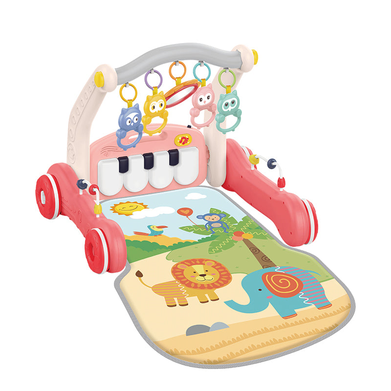 Baby Playmat w/ Piano Music, 2 in 1 Hanging Toys and Walker for Newborns and Infants, Safe Playmat for Early Learning and Motor Skills
