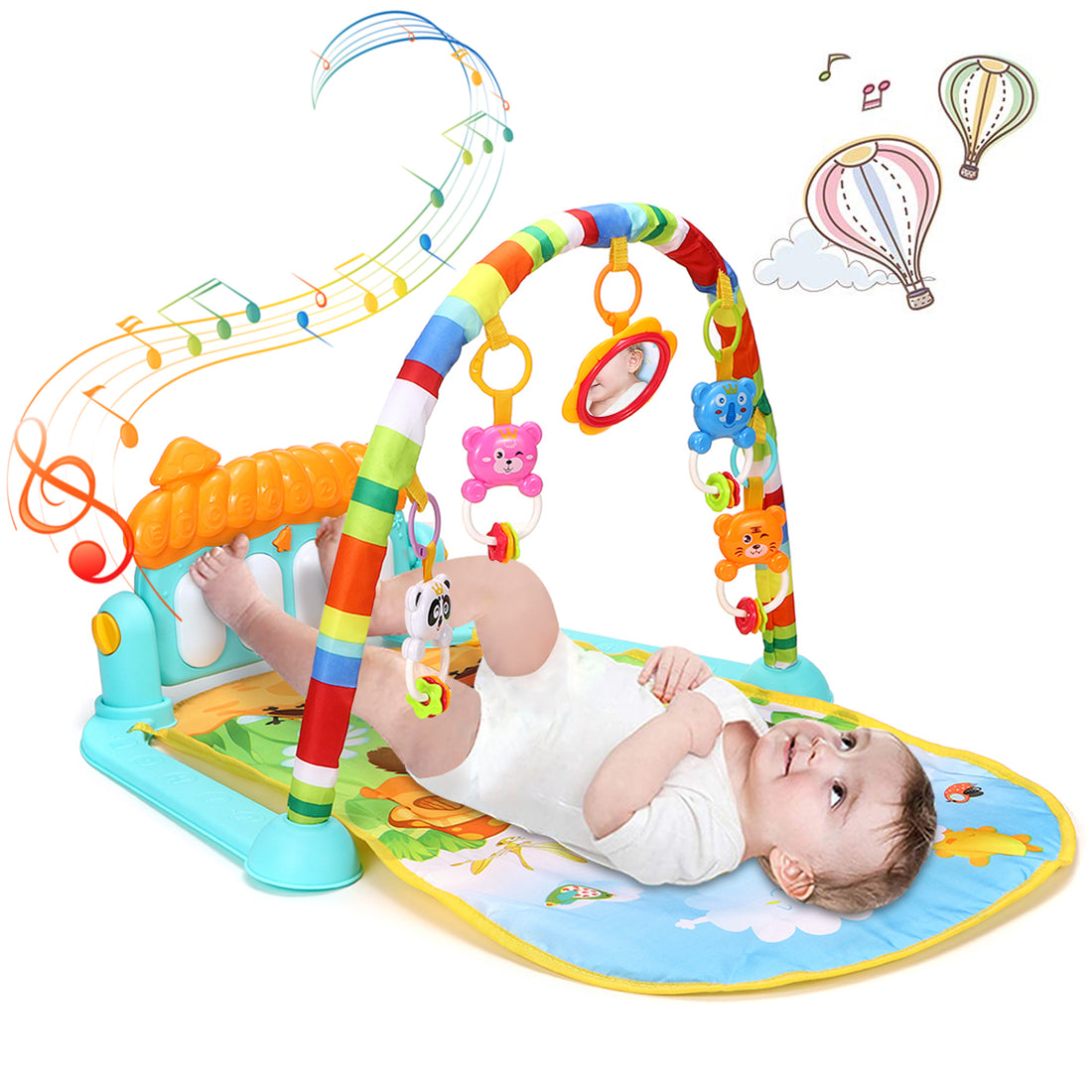 Baby Playmat w/ Piano Music and Hanging Toys for Newborns and Infants, Soft and Safe Mat, Promotes Sensory and Motor Skills
