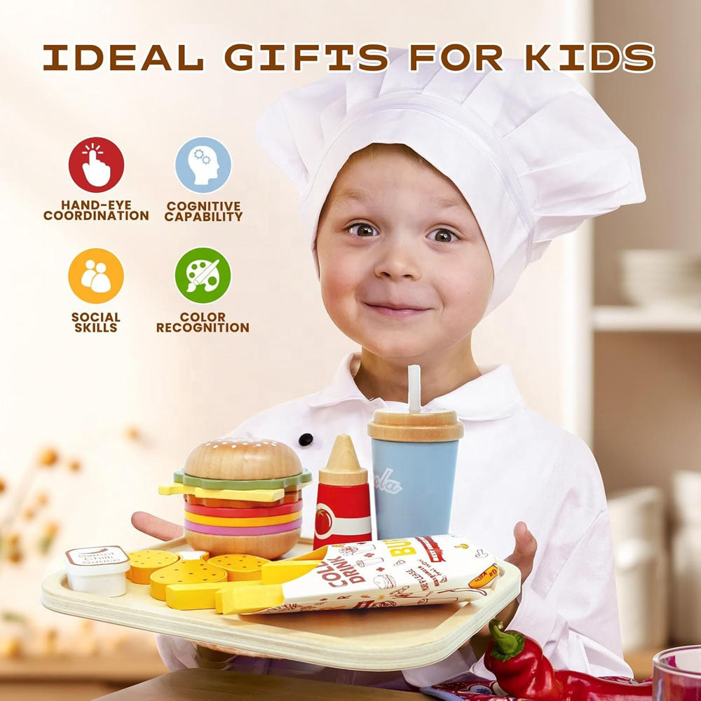 Little Angel - Kids Wooden Fast Food Playset – Burger & Fries Toy