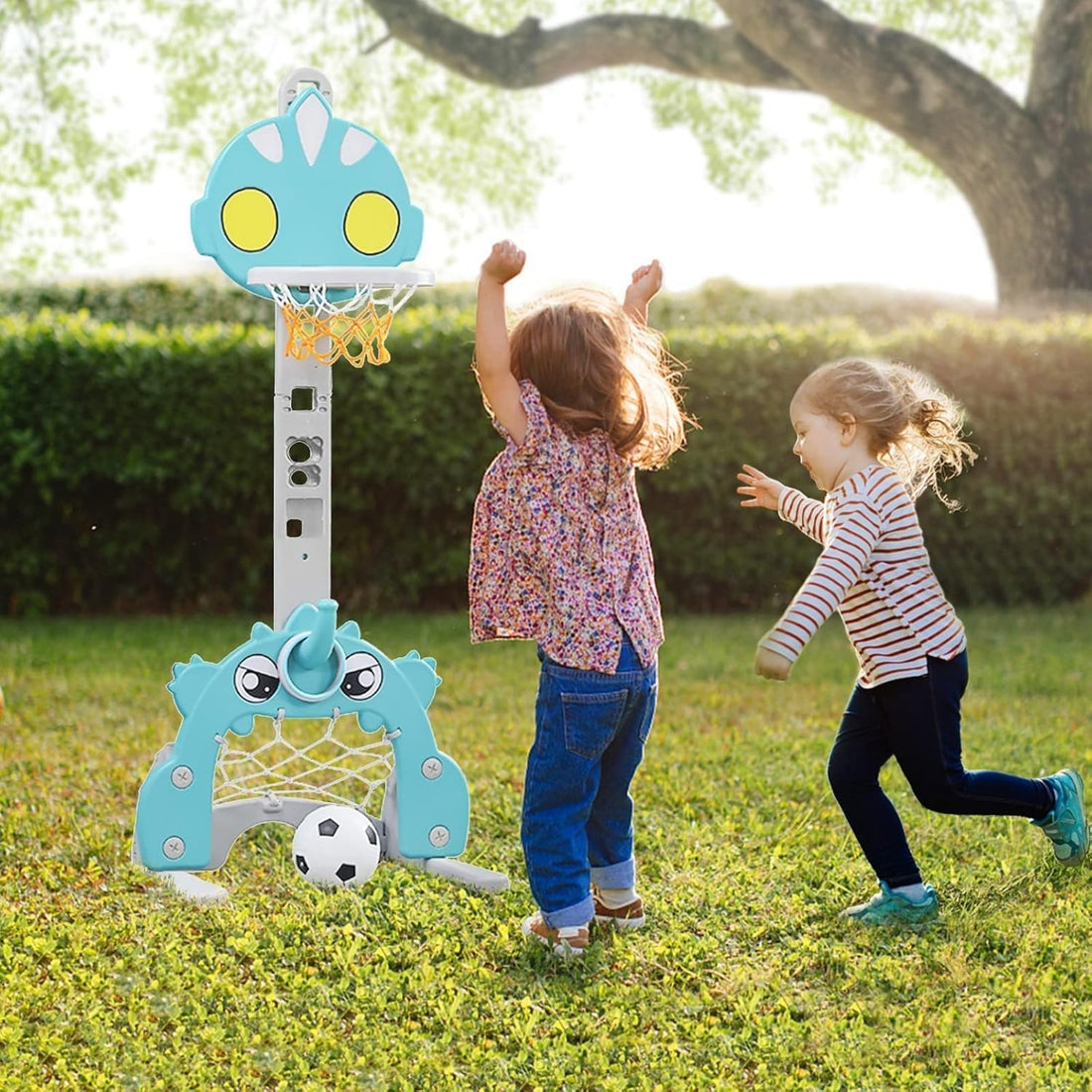 Little Angel Kids Soccer Goal Set, Ring and Basketball Hoop with Adjustable Height, Music Player, Easy Setup, and Stable Base - Green