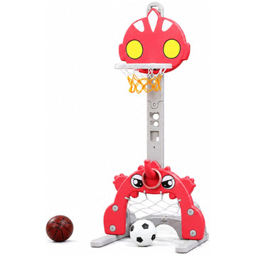 Little Angel Kids Soccer Goal Set, Ring and Basketball Hoop with Adjustable Height, Music Player, Easy Setup, and Stable Base - Red