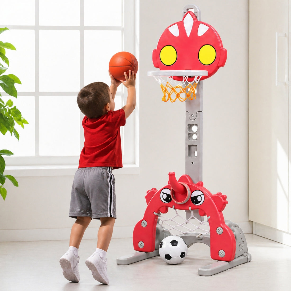 Little Angel Kids Soccer Goal Set, Ring and Basketball Hoop with Adjustable Height, Music Player, Easy Setup, and Stable Base - Red