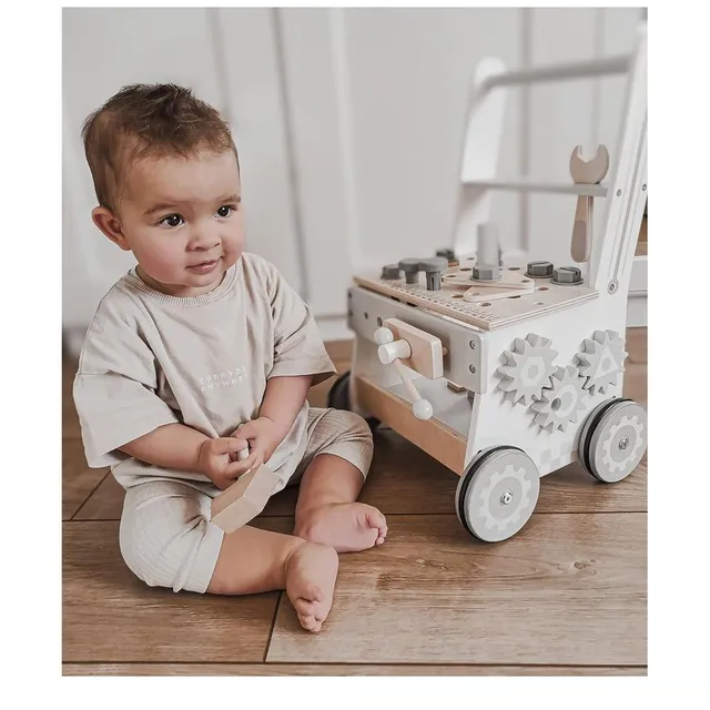 Baby Wooden Learning Walker Toddler Push Toy with Activity & Repair Tools for Early Development
