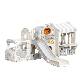 Kids Playhouse with Slide - Multi-Functional Activity Center for Indoor and Outdoor Use, Includes Basketball Hoop, Ring Toss, and Tea Playset