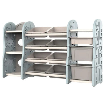 Kids Toy Organizer with Storage Bins, Double Shelves, and Side Drawers Multipurpose Toy Storage Rack for Books, Toys, and Supplies Blue
