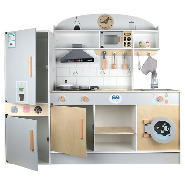 Little Angel - Luxury Kids Wooden Play Kitchen Set Pretend Cooking Toy with Oven, Microwave & Storage for Toddlers With Accessories