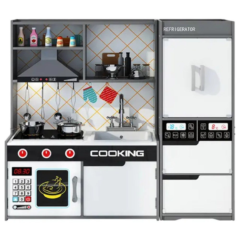 Little Angel - Kids Wooden Kitchen Set – – Modern Grey Pretend Cooking Toy with Accessories