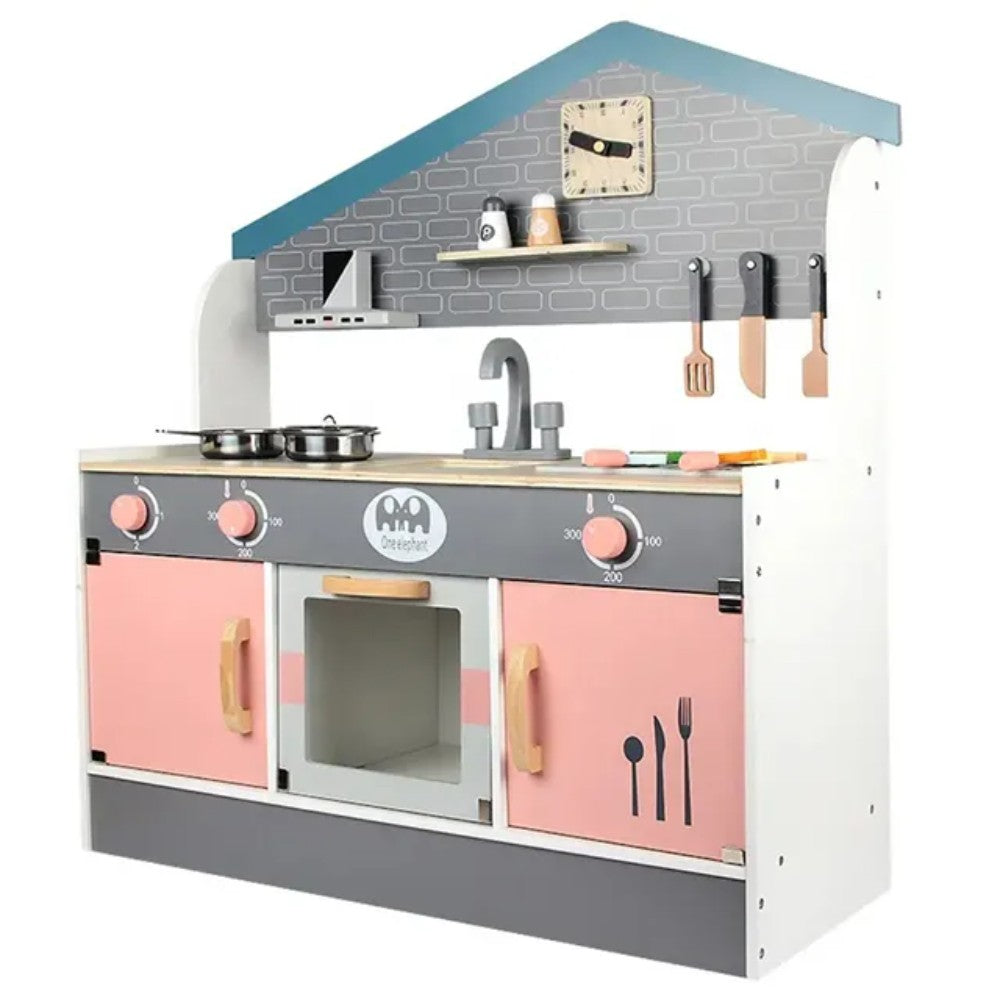 Little Angel - Kids Wooden Kitchen Set – Grey & Pink Pretend Cooking Toy with Accessories
