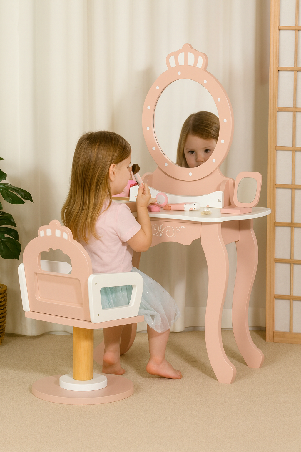 Little Angel - Kids Wooden  Vanity Set Dressing Table Toy With Mirror & Chair
