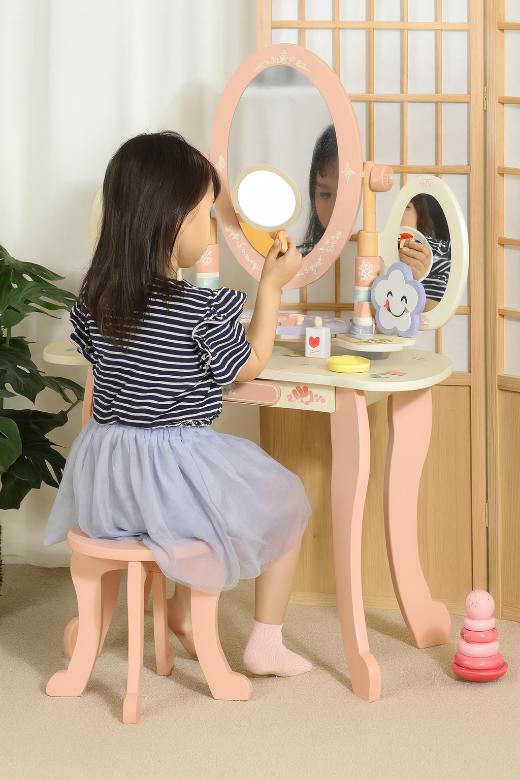 Little Angel - Kids Wooden Princess Dressing Table-Role Play  With 3 Mirror & Stool - Pink