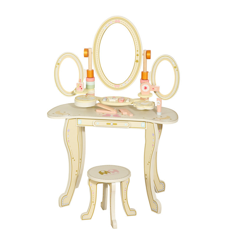 Little Angel - Kids Wooden Princess Dressing Table-Role Play With 3 Mirror & Stool - Beige