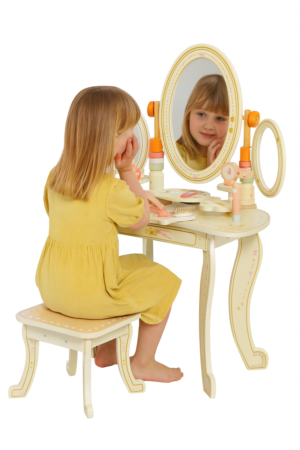 Little Angel - Kids Wooden Princess Dressing Table-Role Play With 3 Mirror & Stool - Beige