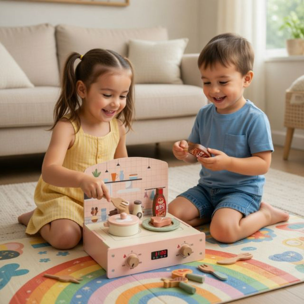 Little Angel Kids Wooden Kitchen Stove Toy Pretend Play Cooking Set with BBQ Food Accessories for Toddlers