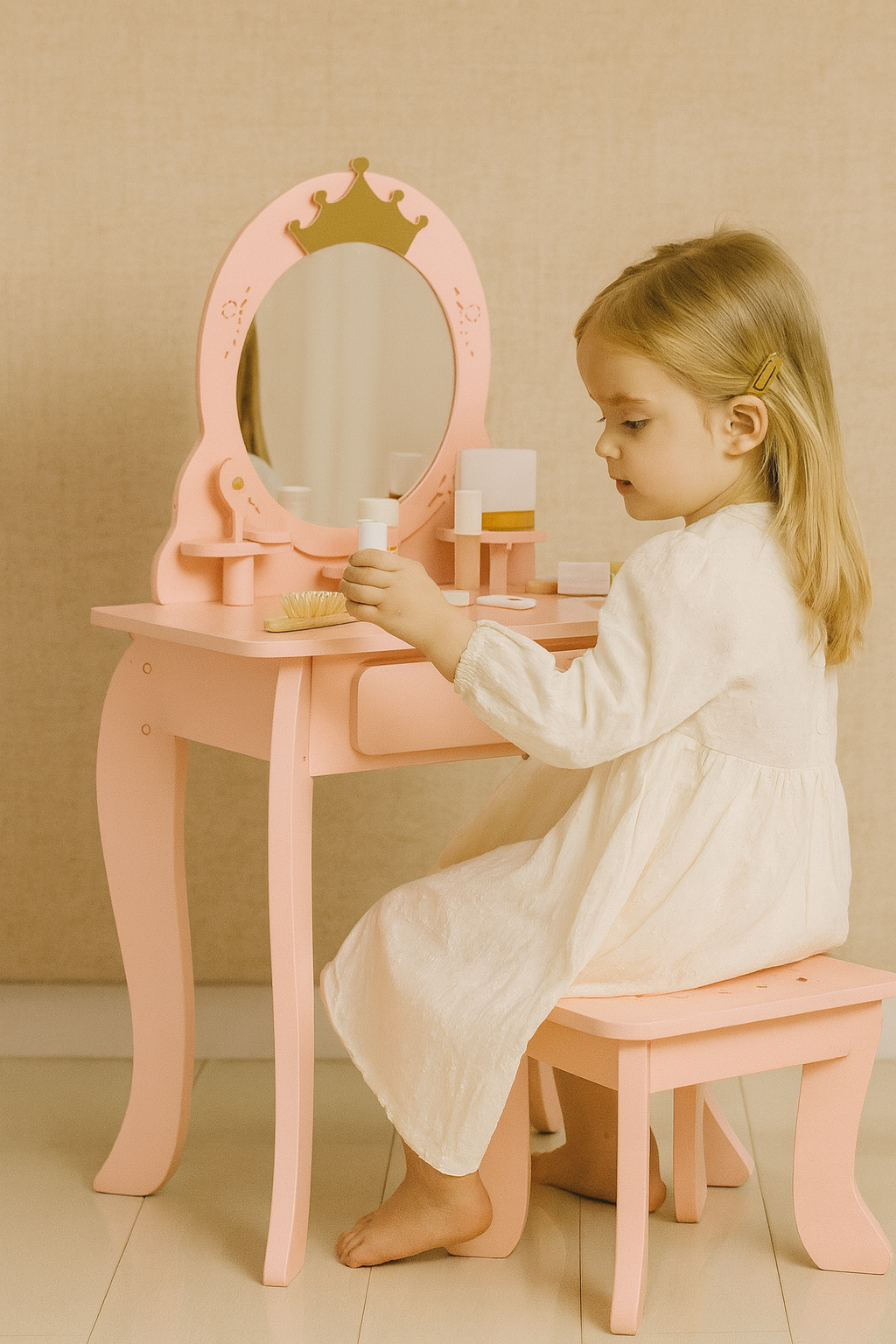 Little Angel - Kids Wooden Princess Dressing Table-Role Playset Mirror & Stool - Pink