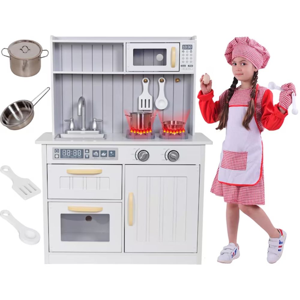 Kids Wooden Kitchen Set Stylish Pretend Playset with Golden Sink, Stove, Microwave, Utensils & Storage Educational Cooking Toy for Toddlers