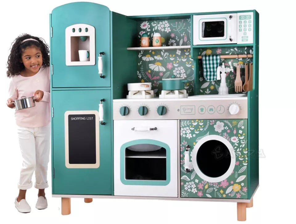 Luxury Kids Wooden Play Kitchen Set with Accessories, Pretend Cooking Toy with Oven, Sink, Fridge, Microwave & Storage for Toddlers